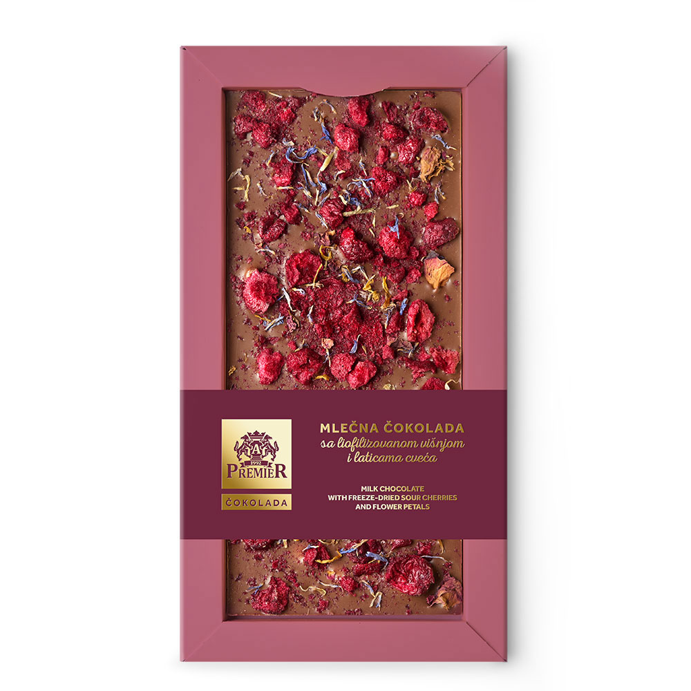 Mlečna čokolada sa liofilizovanom višnjom i laticama cveća 110g