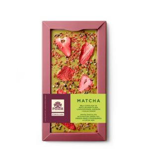 Bela čokolada sa mača čajem, liofilizovanom jagodom i kakao zrnom 110g